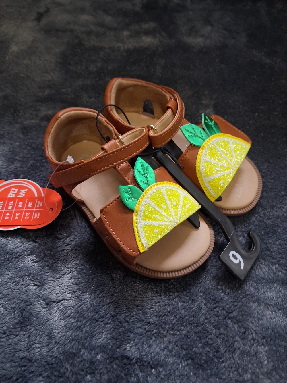 NWT Wonder Nation Lemon Fruit Glitter Strappy Sandals Brown/Yellow Girls Size 6